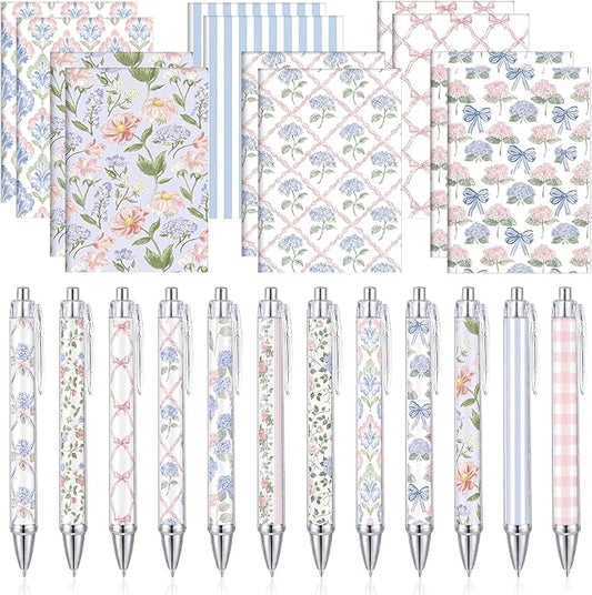 Motiskyy 24 Pcs Blue Hydrangea and Bow Floral Pens Flower Ballpoint Pens Flower Notepads Set Design Line Notebook Employee Gifts Set for Student School Office Supplies, Back to School Gift