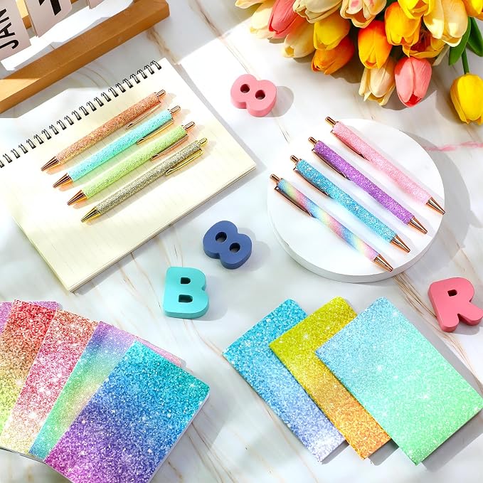 Sayglossy 16 Pack Glitter Pens and Notepads Set 8 Mini Glitter Pocket Notebooks 8 Fancy Sparkly Ballpoint Pens Stationery Gifts for Women Teacher Journaling School Office Supplies(Rainbow Color)