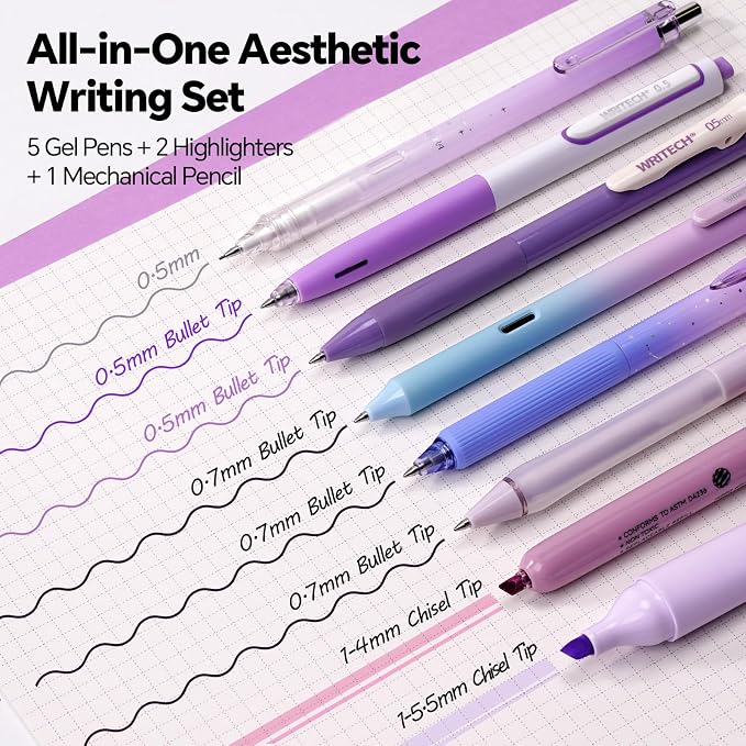 WRITECH Gel Pens Journaling Highlighters: Purple Journal Set Assorted Pastel Color 0.5mm&0.7mm Fine Point Retractable Black Ink Pen Mechanical Pencil Smooth Writing Drawing 8ct