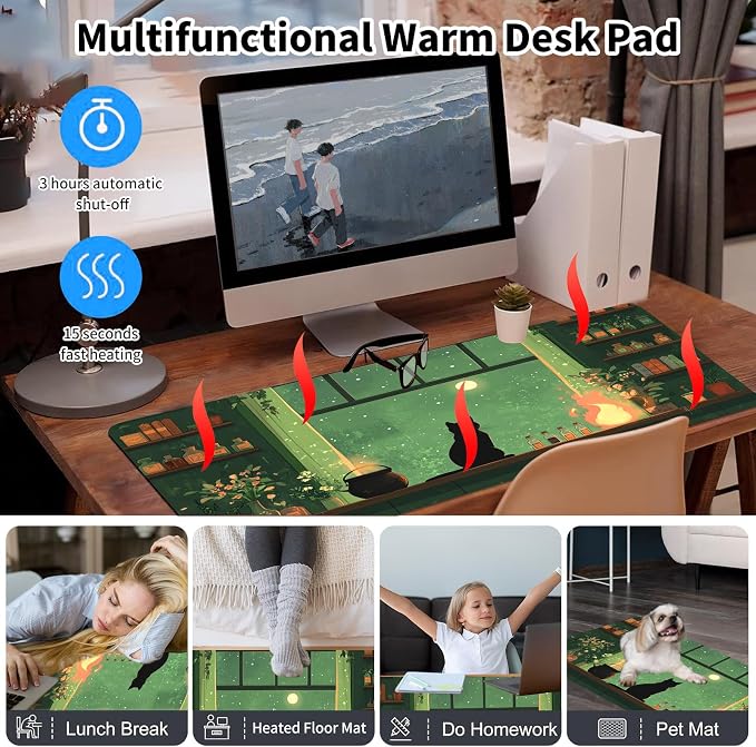 Warm Desk Pad,Heated Desk Pad,Office Mat,3 Heating Levels & 3 Hours Auto Shut-Off,31.5"*13" Gaming Mouse Laptop Keyboard Leather Desk Mat,Cat Green Window