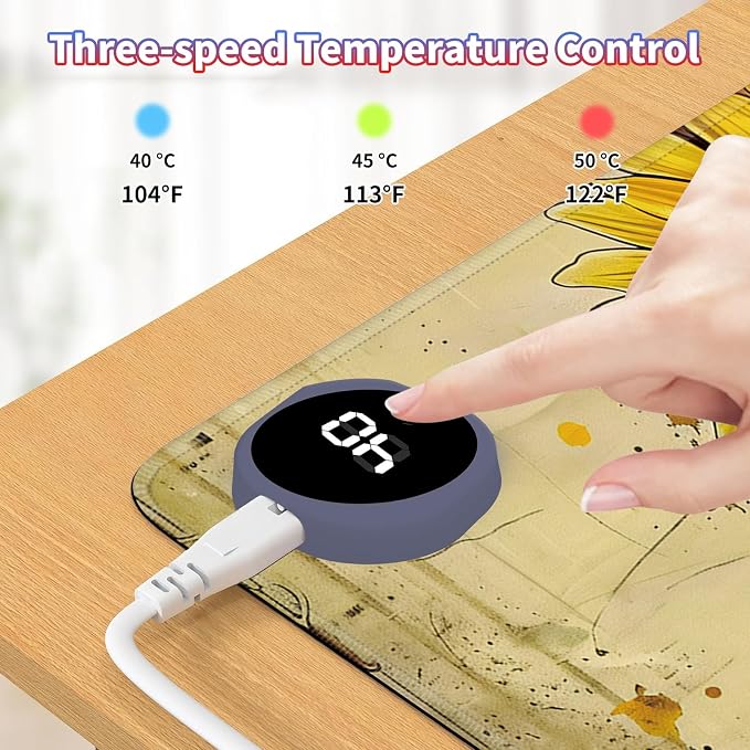 Heated Desk Pad Large Mouse Pad 31.5 x 13 inch with 3 Levels Heating & Auto Shut-Off Warm Mouse pad PU Leather Computer Mousepad for Home Office Work - Cute Bee Sunflower