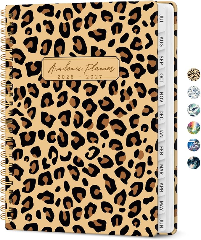 Planner 2026–2027, Weekly & Monthly Academic Organizer for School Year, Jul 2026–Jun 2027, Hardcover Planner with Tabs, Back to School Essential, 8.5" x 11", Leopard