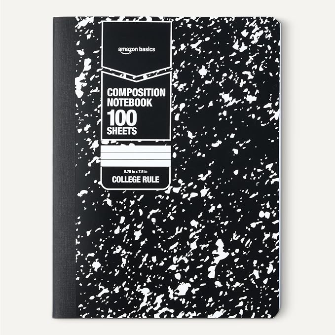 Amazon Basics Composition Notebook, College Ruled, 100 Sheets, 9.75" x 7.5", Marble Black, with Conversion Charts, 4-Pack