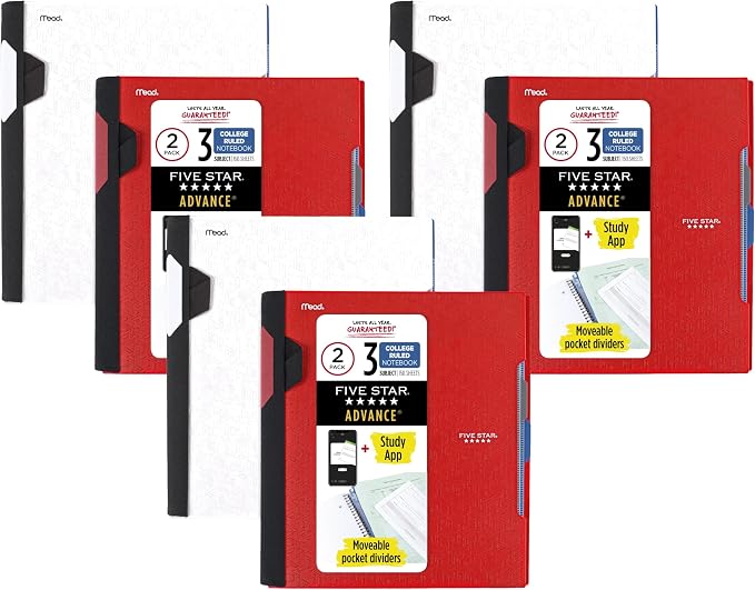 Five Star Advance Spiral Notebooks + Study App, 3 Subject, College Ruled Paper, 11" x 8-1/2", 150 Sheets, with Spiral Guard and Movable Dividers, Red, White (820111) (Pack od 6)