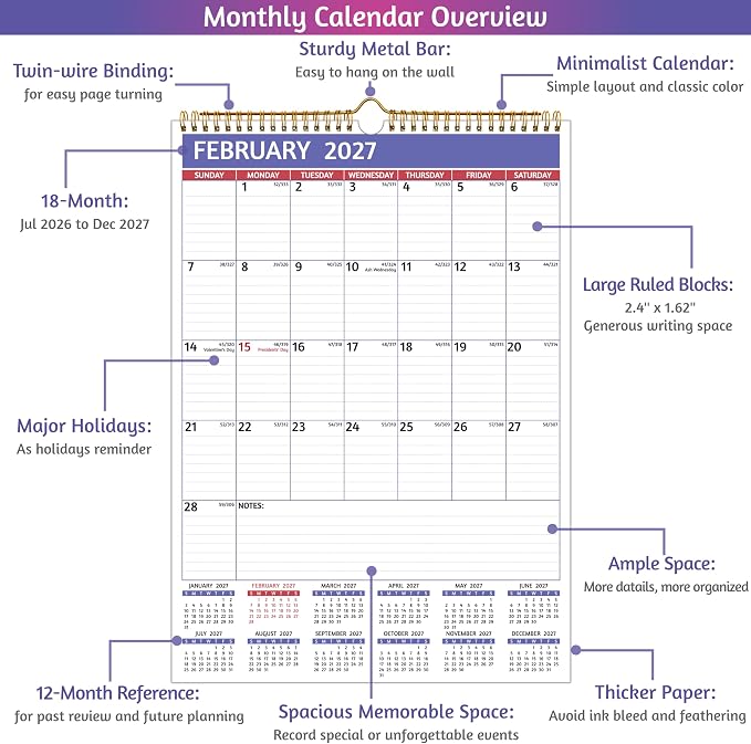 2026-2027 Wall Calendar - 2026-2027 Calendar, Jul 2026 - Dec 2027, 12'' x 17'' Large, 18 Monthly Calendar with Ruled Blocks, Yearly Overview, Thick Paper, Holidays, To-do ＆ Notes, Amply Writing Space