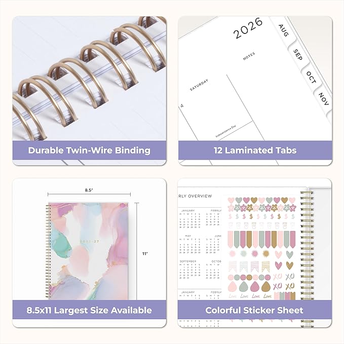 Blue Sky 2026-2027 Weekly & Monthly Academic Planner, 8.5"x11", Color Smoke | July 2026 - June 2027, Flexible Cover, Wirebound, Laminated Tabs, Storage Pocket, Stickers, Ashley G