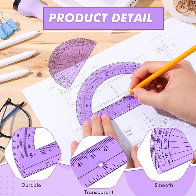 EBOOT 2 Pcs Plastic Protractor Clear 180 Degrees Transparent Protractor for Geometry, 4 Inch and 6 Inch (Purple)