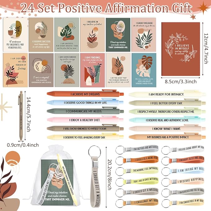 Mooliwe 24 Set Positive Affirmation Gift Set Gratitude Notebooks with Pens Keychains Small Bags Motivational Party Favors for Adult Women Coworkers Employee Group (Plant)