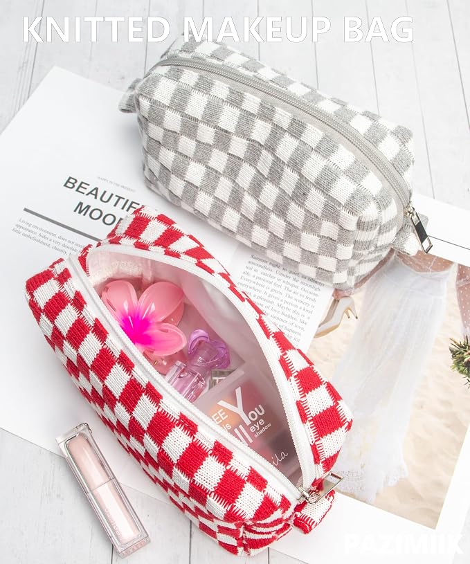Checkered Makeup Bag for Purse, Small Travel Cosmetic Pouch,Christmas Red | Cute Zipper Makeup Organizer for Women, Travel Essentials, Toiletries, Makeup Brushes, Beauty Accessories&Bridesmaid Gifts