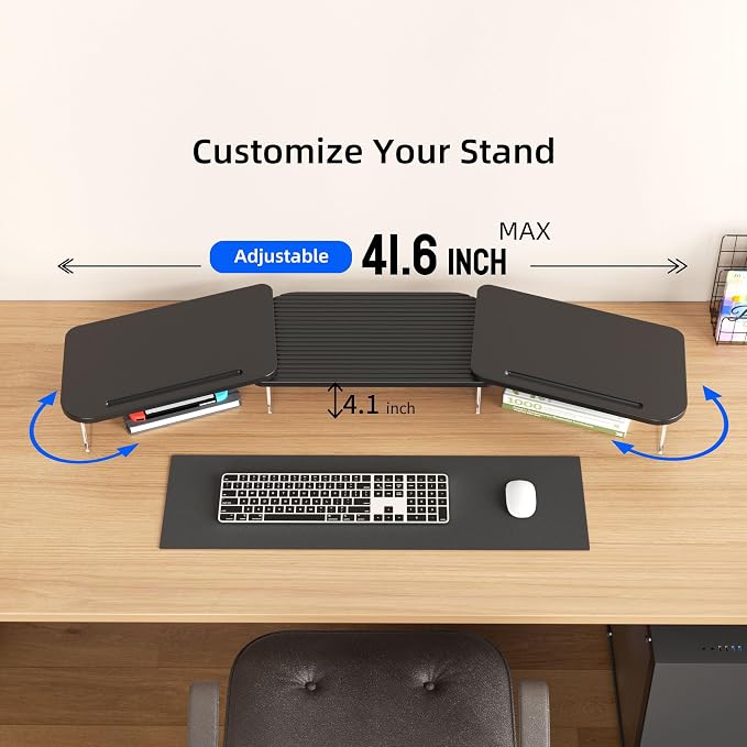 AFOOYO LED Dual Monitor Stand Riser for 2 Monitors,Office Desktop Wooden Stand Adjustable Length and Angle 3 Shelf,Extra Long Multifunctional Stand up to 39.3" for Computer,Laptop,TV,Black
