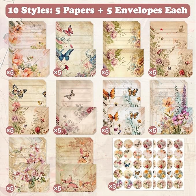 FUNCLASS 160 Pcs Vintage Butterfly Stationery Set Letter and Envelopes | 50 Lined Stationery Paper and 50 Matching Envelopes , 5.5 x 8.25 Inches Letter Writing Stationery for Home, Office, School