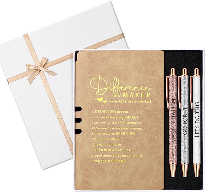 Thenshop 5 Pcs Difference Maker Gifts Journal with Pen Leather Notebook 3 Ballpoint Pens Box Thank You Gift for Nurse Boss Employee Coworker Teacher Volunteer Social Worker Assistant(Khaki)