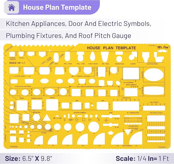 Mr. Pen- House Plan, 3 pcs, Interior Design and Furniture Templates | Clear Flexible Plastic, Drafting Tools, Ruler Shapes for Architecture, 1/4 Inch Scale, Kitchen, Bath, Bedroom, Office
