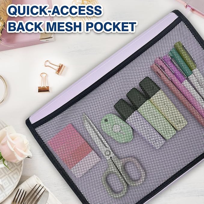 H4D 13-Pocket Accordion File Organizer, Expanding File Folder, Pale Lilac | Extra Back Mesh Pocket, Letter Size Paper, Pre-Printed and Customizable Labels, Expandable Document Organizer