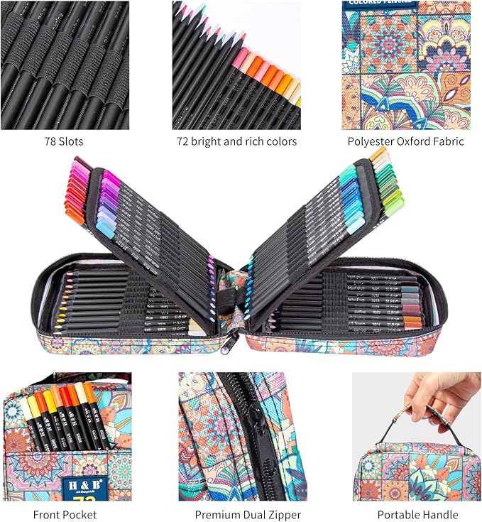 H & B 72 Colored Pencils Set with Coloring Book, Eraser, and Sharpener - Perfect for Drawing and Coloring - Soft Oil-Based Cores - Ideal Drawing Gift
