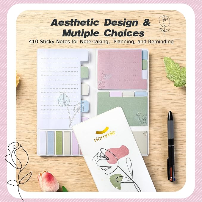 Hommie Sticky Notes Set, Divider Sticky Notes 410 Packs Planner Sticky Note Dividers Tabs with Color Coding for School Supplies, Office Supplies, Book Notes,Bible Sticky Notes
