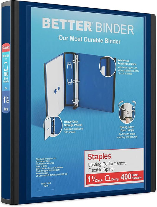 Staples Better Binder, 1.5" Heavy‑Duty D‑Ring 3‑Ring Binder, Navy Blue, Reinforced Spine, Holds 400 Sheets, Long‑Lasting School & Office Organizer, 3‑Pack