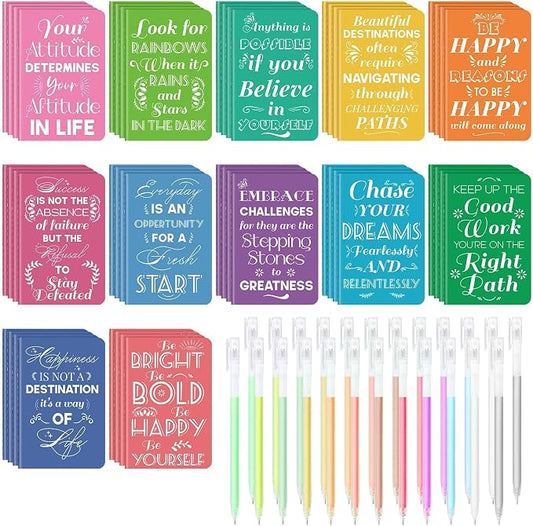 48 Pcs Mini Inspirational Notebooks Bulk with 48 Colorful Pens， 3.5"x5.5" | Small Pocket Journal Notepads Set, Motivational Bulk Gifts for Women Men Teacher Students Kids, End of School Year Gift Bulk