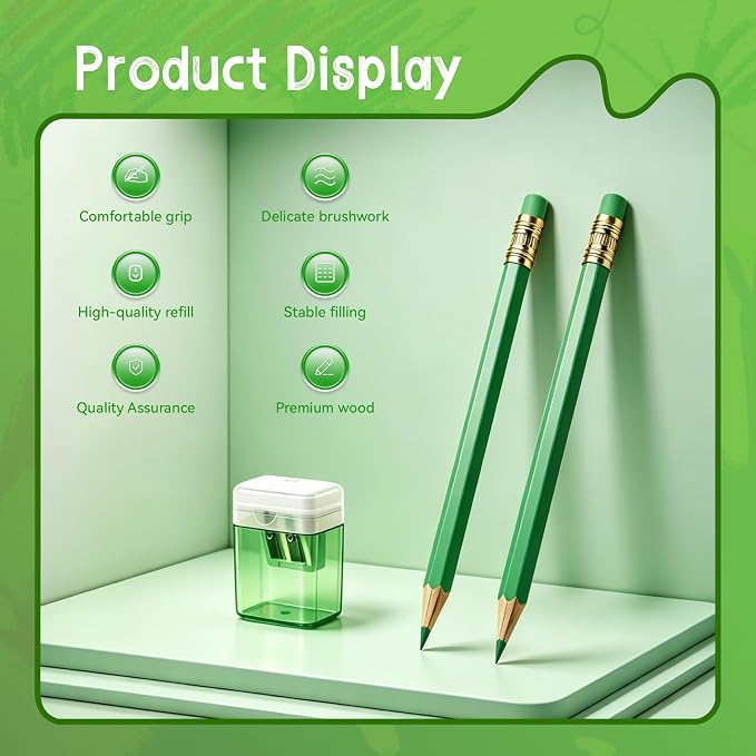 12 Pcs Green Pencils with Eraser for Kids HB Erasable Pencils Pre-Sharpened Professional Wooden Pencils Set with Smooth Lead Cores, Ideal for School Drawing, Sketching, Coloring and Creative Projects