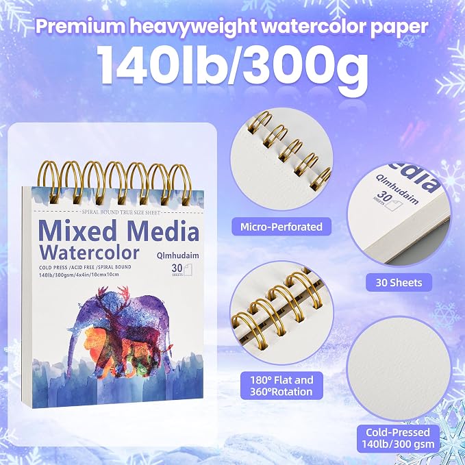 Qlmhudaim Mixed Media Sketchbook 4" x4”| 30 Sheets 140lb/300g | Spiral Bound Tear Line Artist-Grade Watercolor Sketch Book, Compact Watercolor Paper for Sized Exercises & Travel