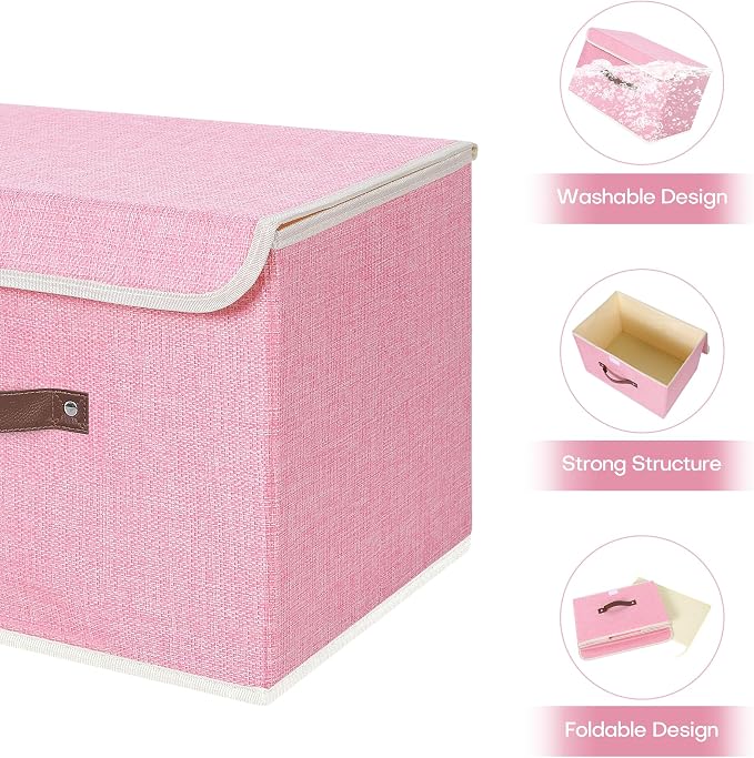 ANMINY 4PCS Storage Bin with Lid Storage Boxes with PU Leather Handles PP Plastic Board Decorative Foldable Lidded Cotton Linen Fabric Home Cubes Baskets Closet Organizer Container - Pink, Medium