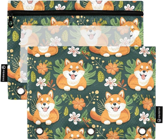 Binder Pencil Pouches, Shiba Inu Dog Pen Case with Clear Window 3 Rings Pen Case Holder Office Supplies