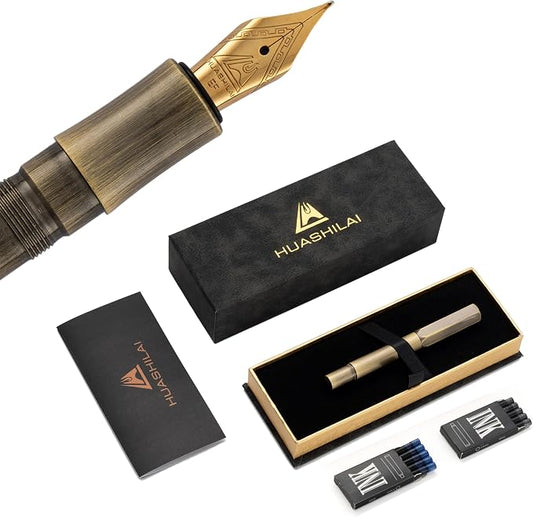 Luxury Solid Brass Fountain Pen Set for Writing & Calligraphy - Choose Antique or Matte Black Finish. Includes 10 Ink Cartridges & Premium Gift Box (Extra Fine Nib, Antique Brass)