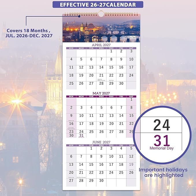 2026-2027 Calendar - July. 2026 - Jun. 2027, 3 Month Calendar Vertical Display, Wall Calendar 2026-2027, 11" x 26"(when opened)