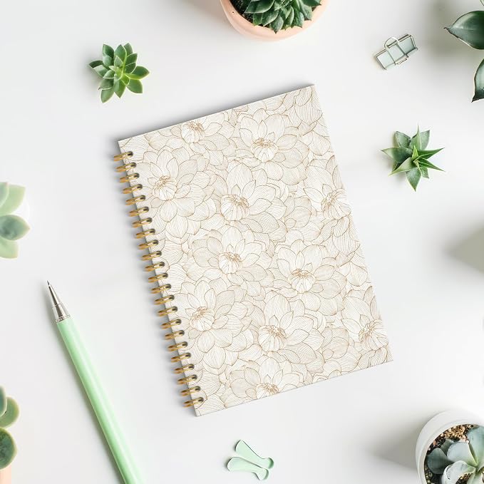 Lotus Floral Spiral Notebook, Vintage Beige Lotus Flower Journal, Neutral Botanical Aesthetic Journal Notebook, Prayer Office Diary Wedding Gifts, Gifts for Girl Mom Lady Woman, 5.5x8.3 Inch