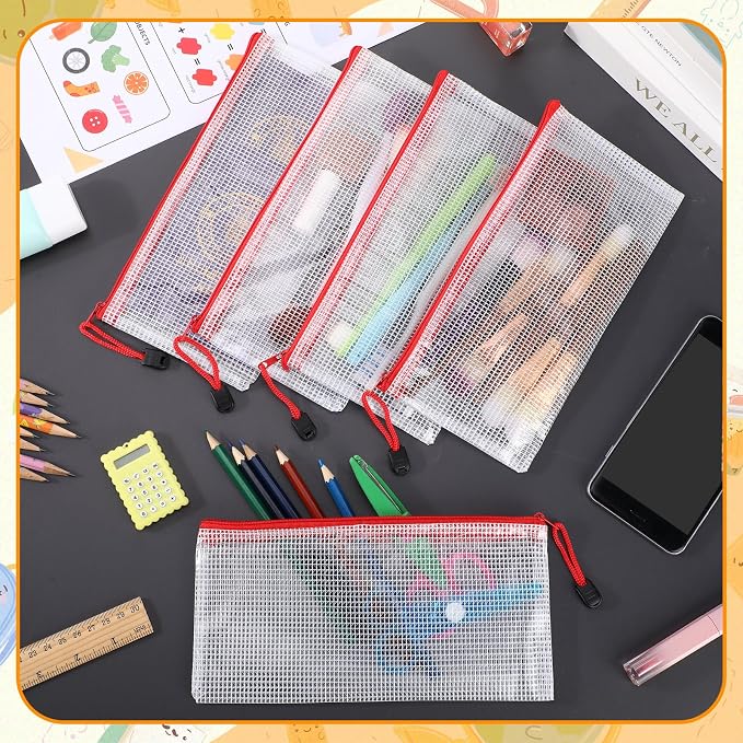 Handepo 100 Pack Mesh Zipper Pouch Pencil Pouches Bulk Clear Storage Bag Small Waterproof Purse Bag Multipurpose for Cash Board Game Passport Office(A6/9.45x4.53in,White Pouch Red Zipper)
