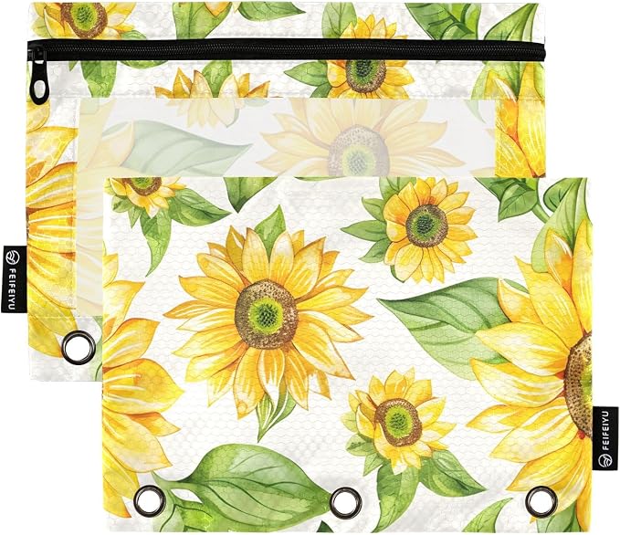 ALAZA Yellow Sunflower Flower Pencil Pouch for 3 Ring Binder 2 Pack Zipper Binder Pencil Bag Case with Clear Window Office Supplies