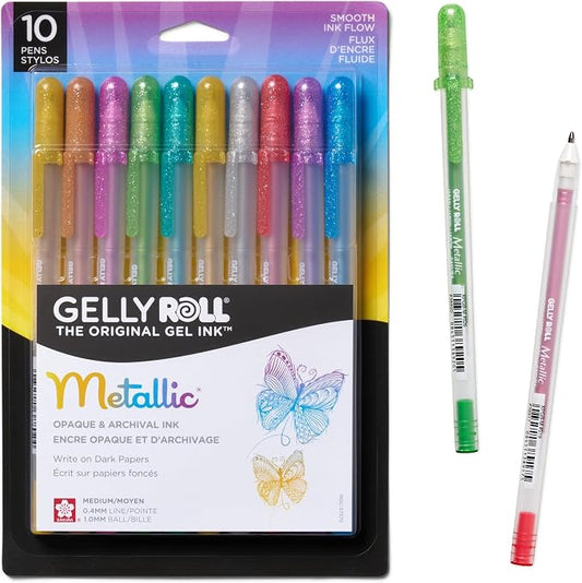 SAKURA Gelly Roll Metallic Gel Pens - Pens For Scrapbook, Journals or Drawing - Art Gifts, Holiday Gifts & DIY Projects - Colored Metallic Ink - Medium Line - 10 Pack