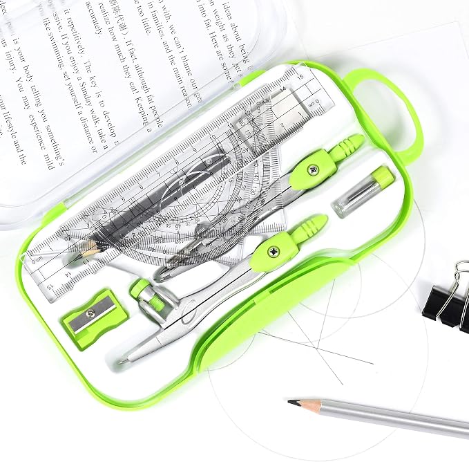 Unjoo Geometry Set 10 Pcs Student Supplies, Protractor and Compass (Green） | Shatterproof Storage Box,Rulers,Protractor,Compass,Eraser,Pencil Sharpener,Lead Refills,Pencil,for Classroom, Back to School