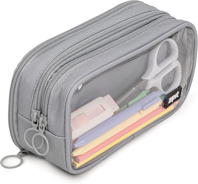 ZIPIT Half & Half Pencil Case, 3 Compartment Zipper Pouch for School, Stationery Bag for Teen Girls Boys and Adults, Grey