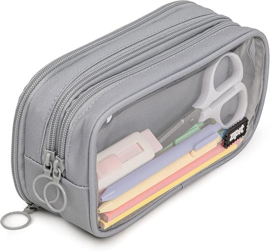 ZIPIT Half & Half Pencil Case, 3 Compartment Zipper Pouch for School, Stationery Bag for Teen Girls Boys and Adults, Grey