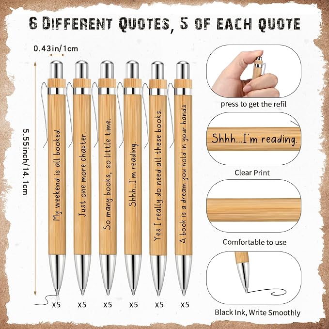Thenshop 30 Sets Book Lover Gift Librarian Inspirational Spiral Notebook Pen Bulk Book Club Gift Reading Journal Librarian Back to School Gifts for Women Reader Teacher Bookish Bookworm (Brown)