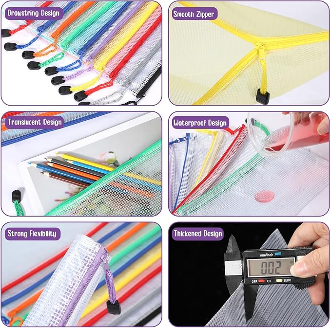 Zhehao 200 Pieces A6 Mesh Zipper Pouch Bulk Mesh Bags with Zipper Waterproof Small Pencil Pouches for Office Supplies Organization 9.4 x 4.5 Inches(Multiple Colors)