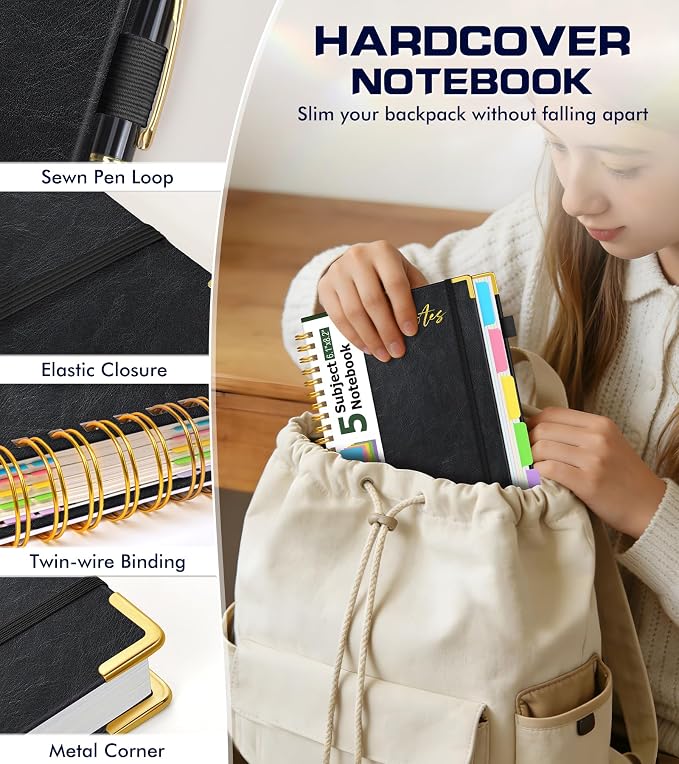 5 Subject Spiral Notebook Journal with Removable Dividers Tabs, 300 Pages Organizer Notebooks for Work School, A5 Hardcover Leather Notebook College Ruled, Lined Journal for Women Men，Black
