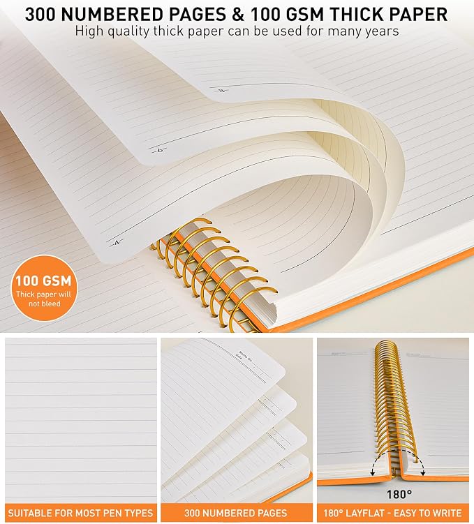 B5 Spiral Notebook Journal 7.6” x 10”, 300 Numbered Pages Hardcover Leather Journals for Women Men, Large Lined College Ruled Notebooks, 100GSM Thick Paper, Spiral Bound Journal for Work School, Orange
