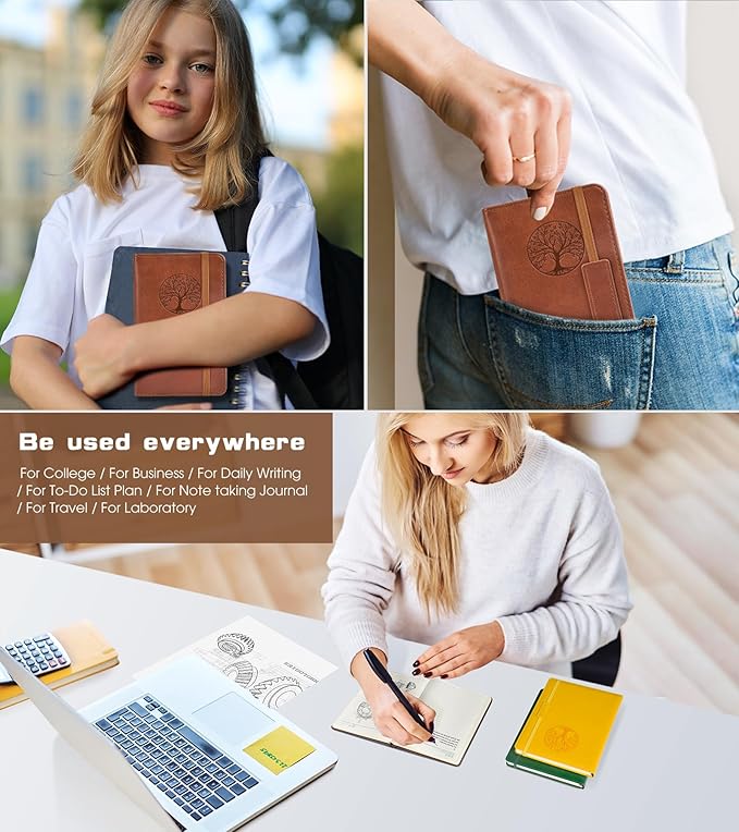 Biuwory A6 Leather Pocket Notebook, 140 Lined Pages Hardcover Small Journal | 3.7"×5.7" Vintage Leather Journal for Women Men Writing, College Ruled Mini Notepad for Notetaking, Travel, Work, School