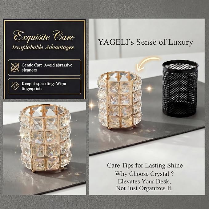 YAGELI Crystal Pen Holder for Desk, 3.58" Gold/Silver Metal Pencil Cup, Elegant Office Desk Accessories for Women, Modern Home Office Decor, Teacher Gift - Compact Vanity Makeup Brush Organizer(Gold)