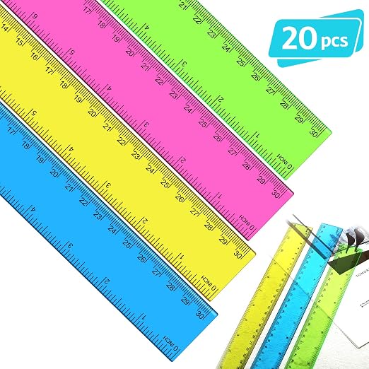EBOOT 20 Pack Plastic Ruler 12 Inch Straight Flexible Ruler with Inches and Metric for School Classroom, Home, or Office (Blue,Pink,Green,Yellow)