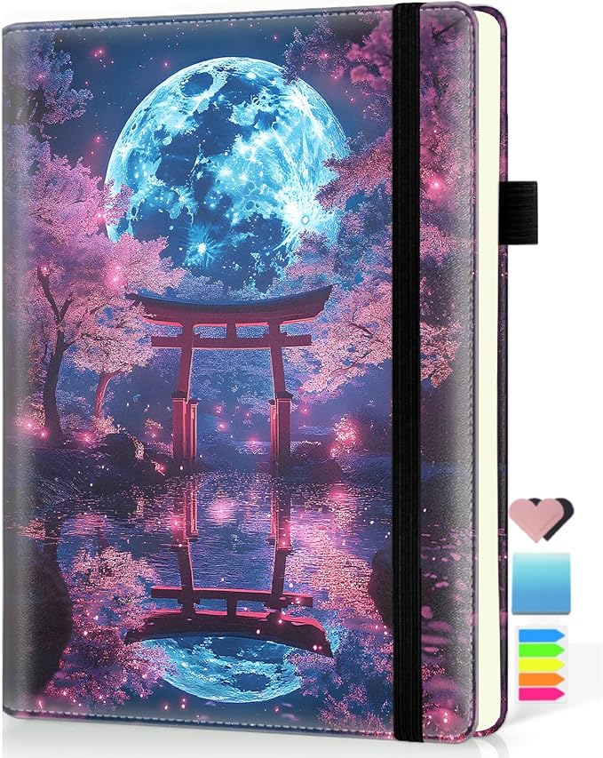 Hardcover Executive Notebooks, A5 PU Leather Lined Journal Notebook, 200 Pages Thick Paper Subject Notebooks for School,Work,Home Writing Business Notebook,Gate Under Moonlight Cherry Blossoms