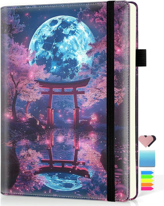 Hardcover Executive Notebooks, A5 PU Leather Lined Journal Notebook, 200 Pages Thick Paper Subject Notebooks for School,Work,Home Writing Business Notebook,Gate Under Moonlight Cherry Blossoms