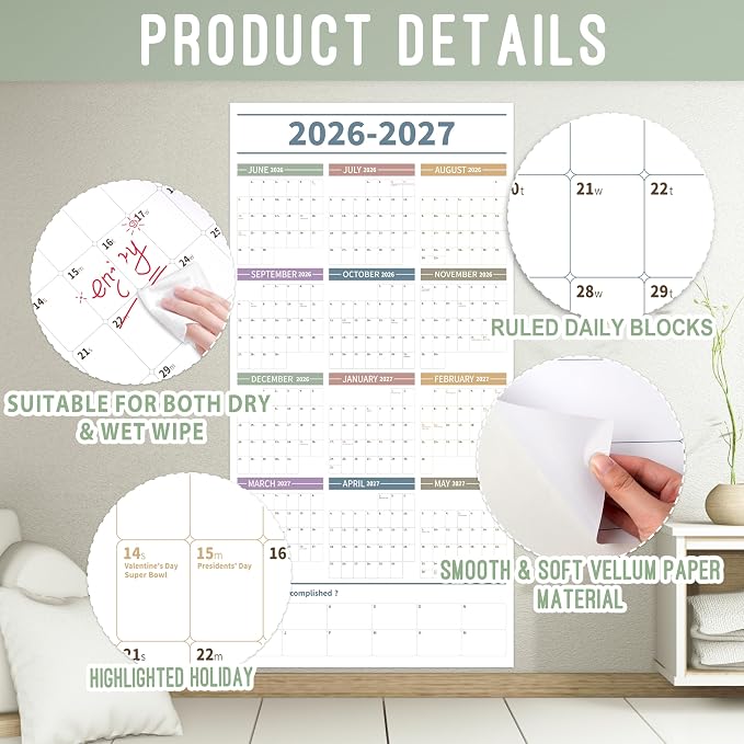 GuassLee Large Yearly Wall Calendar 2026-2027, Full Year Calendar One Page, Jun. 2026- May 2027, Annual Wall Calendar 2026, 24"X 48" Wall Calendar 2026 Large with Foam Stickers