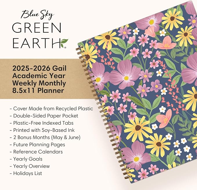 Blue Sky 2025-2026 Weekly & Monthly Academic Planner, 8.5"x11", Gail | July 2025 - June 2026, Flexible Cover From Recycled Plastic, Wirebound, Laminated Tabs, Storage Pocket, Academic Year