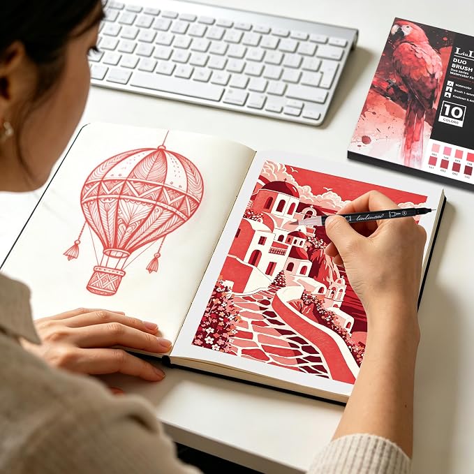 LIULIUCAI 10 Red Dual Markers, Fine & Brush Tip Pen for Adult Coloring | Bold Red Markers Brush Pens for Christmas Cards, Love Letters, Highlights Outlining, Signatures Illustration Gift