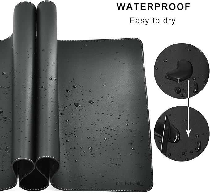 CENNBIE Leather Desk Mat Protector, 39.3" x 19.6" Large Mouse Pad(Black) | Premium stitched edges resist wear. Easy to clean. Protects desk from spills, stains ,scratches. Smooth glide. Office & home.
