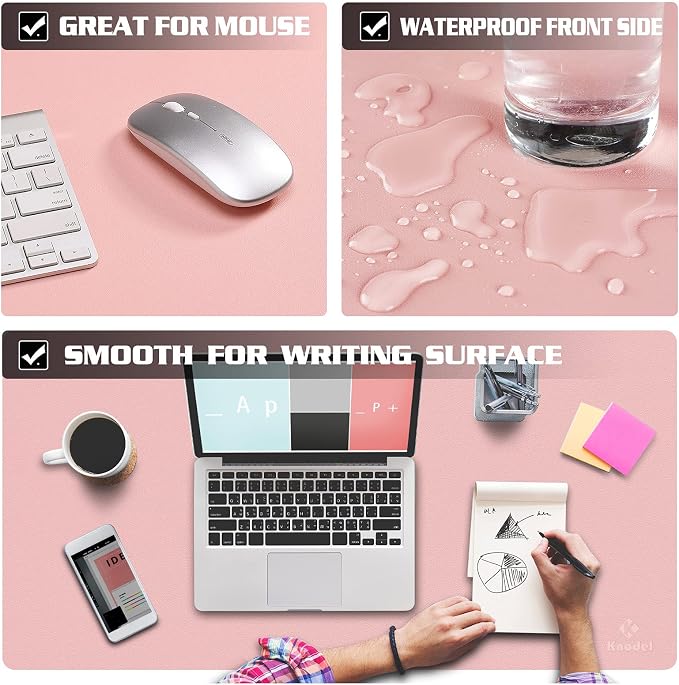 K KNODEL Large Desk Protector Mat, Leather Desk Pad (35.4"x17", Pink) | Non-Slip Desk Mat, Desk Pads and Blotters, Desktop Mat, Desk Protector and Cover, Office Computer, Laptop and Keyboard Mat