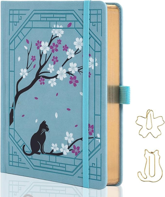 TIEFOSSI A5 Lined Journal, Cute Cat Journal for Women Girls, College Ruled Notebook with Pretty Sakura Pattern, Aesthetic Diary for Writing Journaling Drawing, Golden Edges